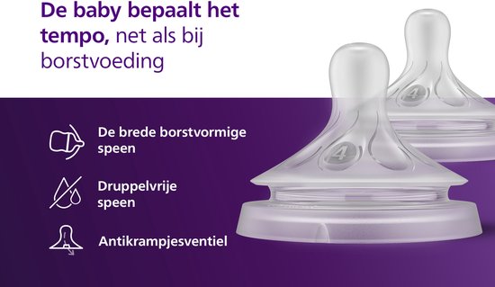 Twee Philips Avent Natural Response spenen met nummer 4, die de borst nabootsen.
