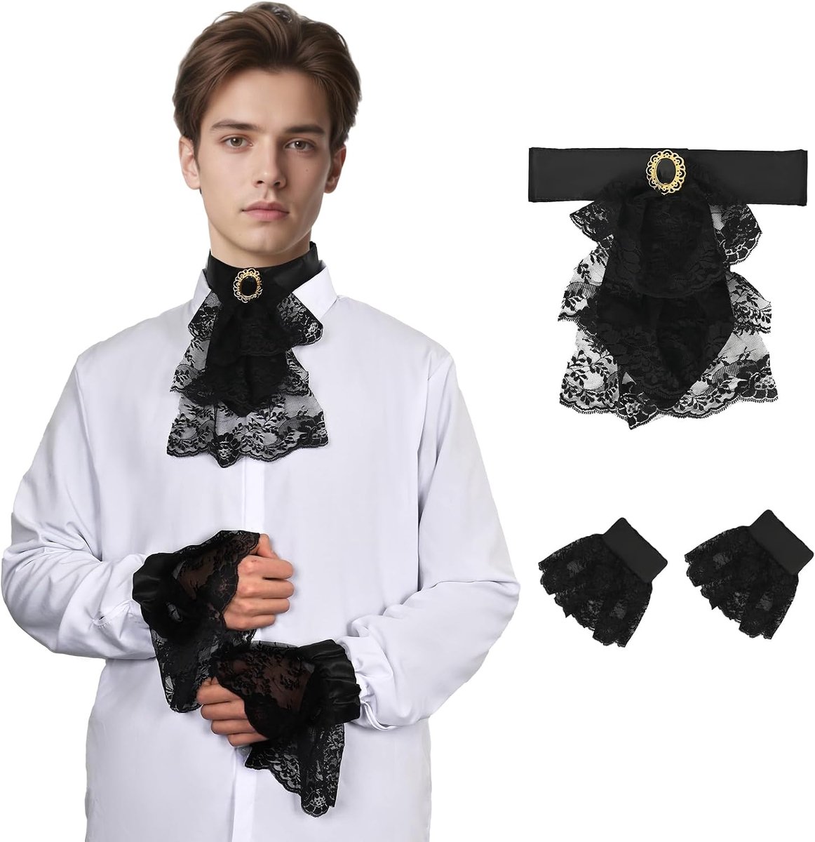 Jabot van kant, Victoriaanse halsband, wit, 3-delige jabot accessoireset voor Halloween en carnaval