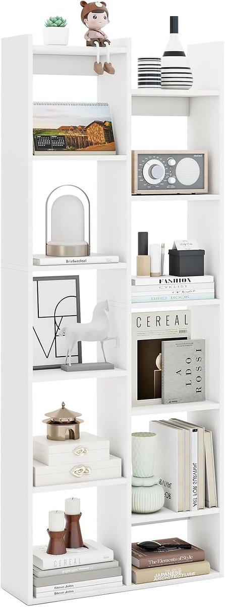 Costway Boekenkast, 12 verdiepingen, displaystandaard met anti-kantelzekeringen, boomvormig rek, boekenorganizer, ruimteverdeler, 65 x 20 x 162 cm, voor thuis en op kantoor, wit