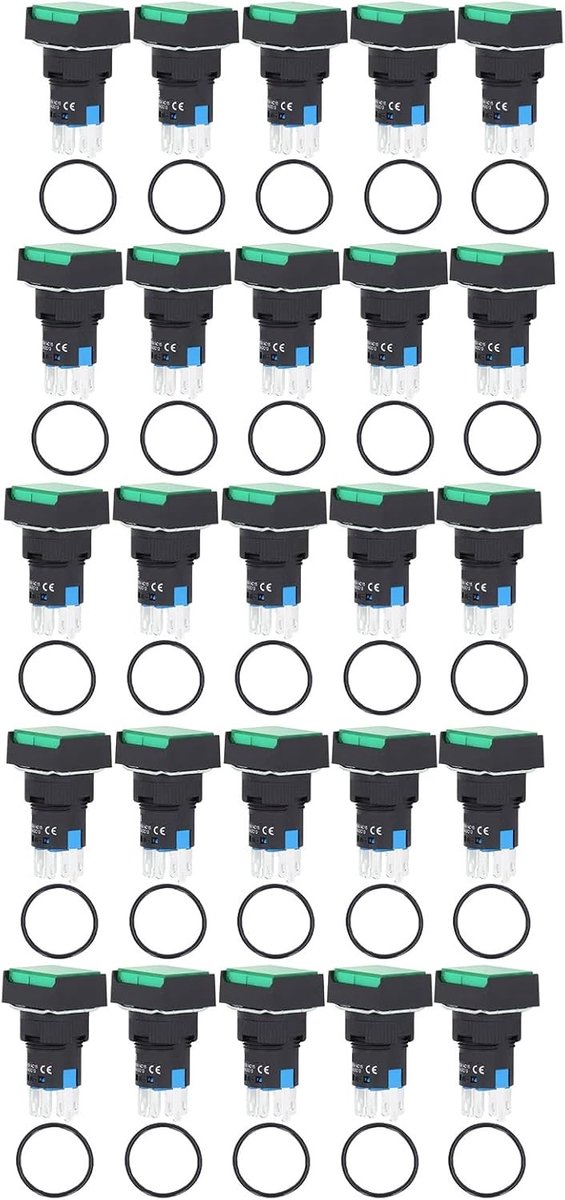 25 Stuks Vierkante Drukknoppen met Verlichting voor Verdeeldozen - 16mm, 24V, Zelfvergrendeling, ABS en Messing