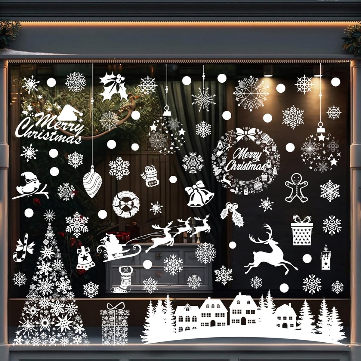 Raamstickers, 84 stuks, zelfklevend, dubbelzijdig, herbruikbaar, statisch hechtende pvc-stickers voor glazen ramen, kerstdecoratie (9 vellen, 20 x 30 cm)