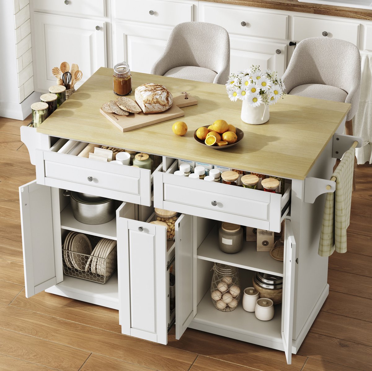 MODENUIT Keukeneiland 121 x 49 (69) x 89 cm - Klapbaar Werkblad Met Wielen - Keuken - MDF - Naturel Wit