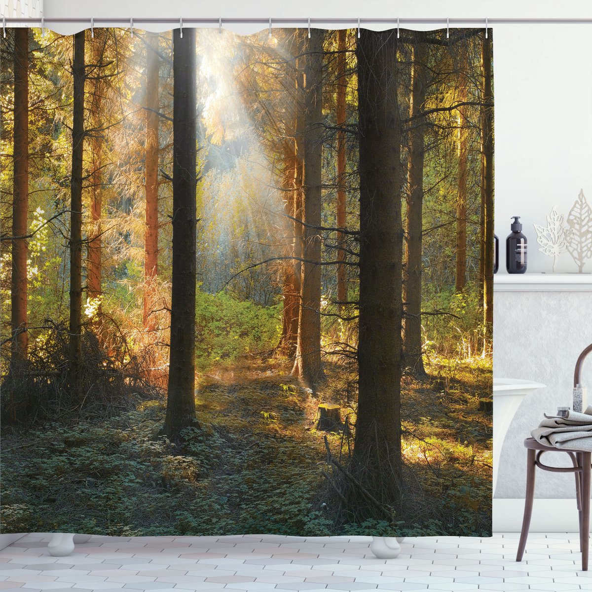 ABAKUHAUS Herfst Douchegordijn, Zonsondergang Donkere Den, Stoffen Badkamerdecoratieset met Haken, 175 x 200 cm, Oranje Groen