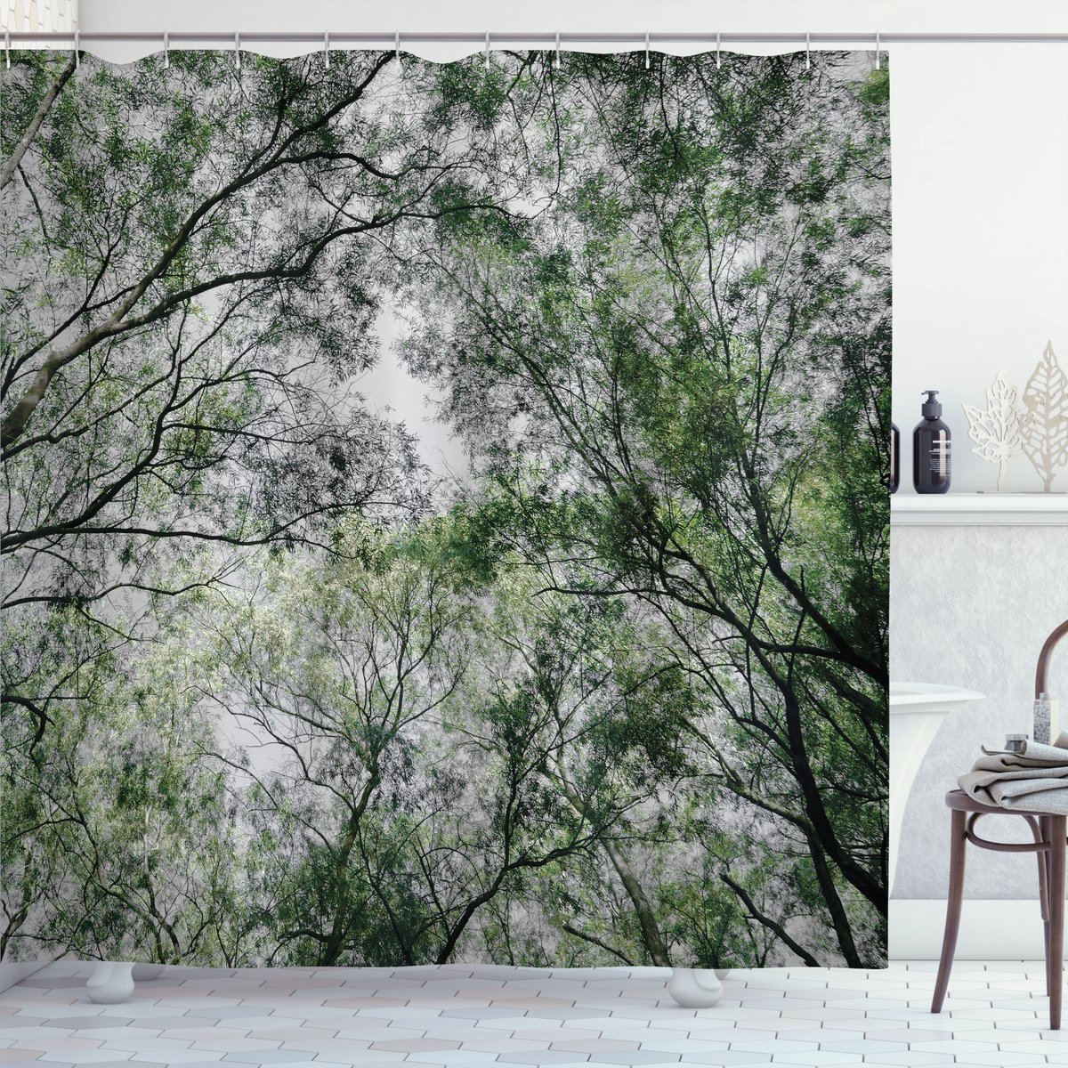 ABAKUHAUS Landschap Douchegordijn, Lente Seizoen Jungle, Stoffen Badkamerdecoratieset met Haken, 175 x 200 cm, Groen