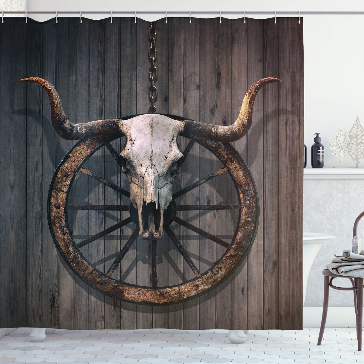 ABAKUHAUS Wagenrad Douchegordijn, Rustiek Skulll, Stoffen Badkamerdecoratieset met Haken, 175 x 200 cm, Zwart Bruin Wit