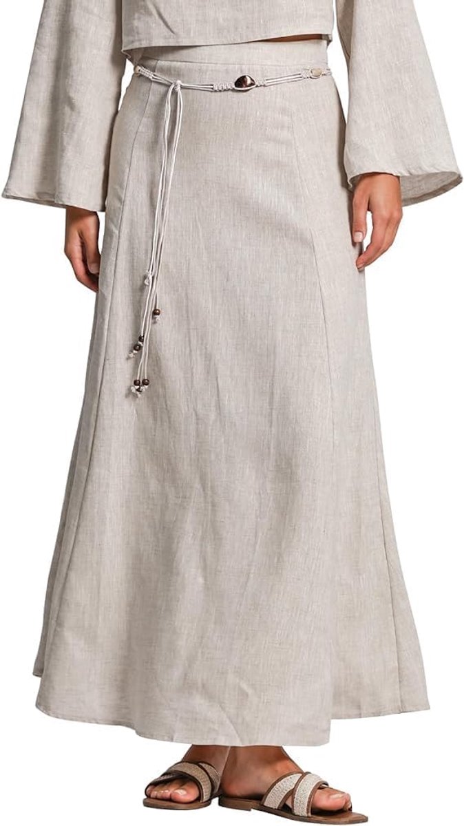 Zomerrok voor dames, linnen, lange rok, A-lijn, lange maxi-rok, elegant, casual, strandrok, met riem en zakken