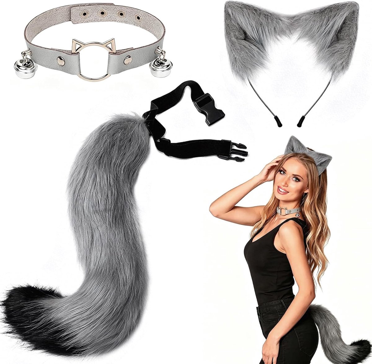 3 stuks kattenkostuum dames, kat cosplay kostuum volwassenen grijs