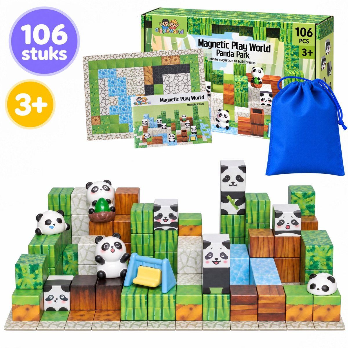 Giggle World Magnetic Cubes 106 Stuks - Magnetische Blokken - Magnetisch Speelgoed vanaf 3 jaar - Magneten Speelgoed - Panda Speelgoed - Incl. Pandafiguren & Magnetische Speelplaat - Magnetic Tiles