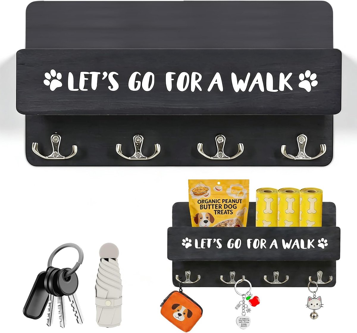 Hondengarderobe sleutelrek met plank, zwarte sleutelhouder muur met 8 haken, multifunctionele hondenkledingkast, hondenriemhouder van hout voor het organiseren van lijnen en accessoires