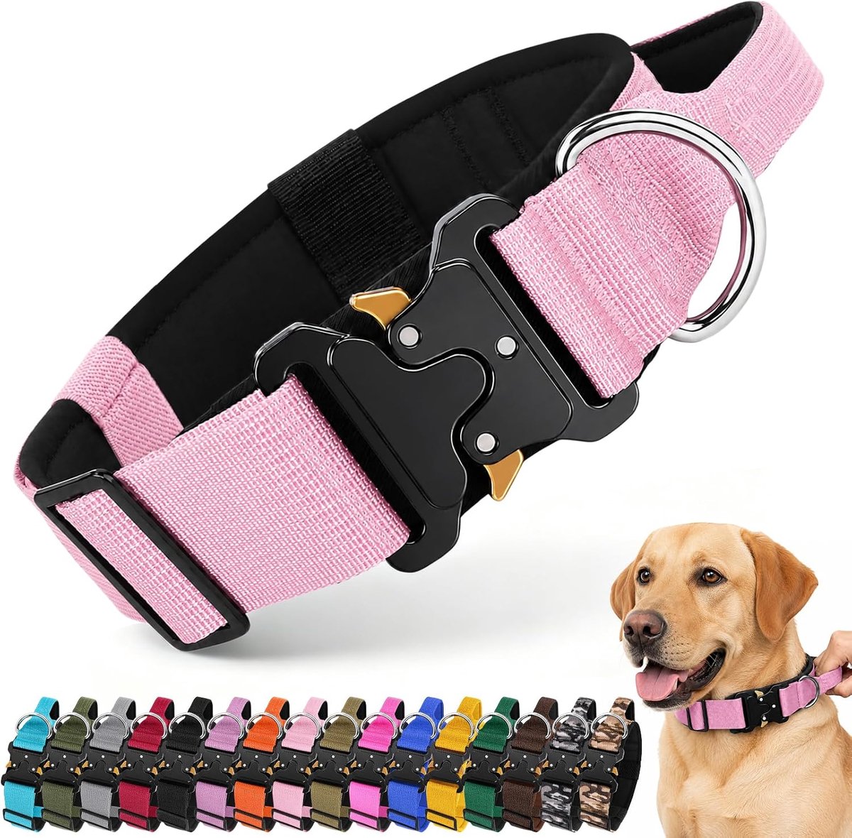 hondenhalsband, verstelbare basic militaire hondenhalsband met handvat en metalen gesp, zwaar belastbare, brede, dikke, comfortabele nylon huisdierhalsband voor middelgrote en grote honden