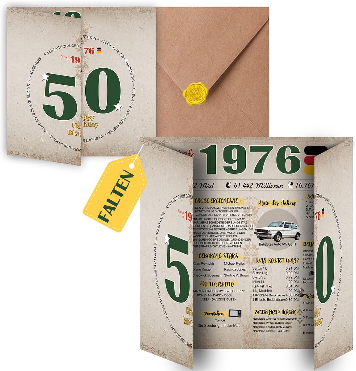 Speciale verjaardagskaart met envelop, vintage cadeau, verjaardag vrouw man, verjaardagsdecoratie, grappig, geweldig cadeau-idee, chroniek, kaart, jubileum, DIN 40 x 20 (1976)