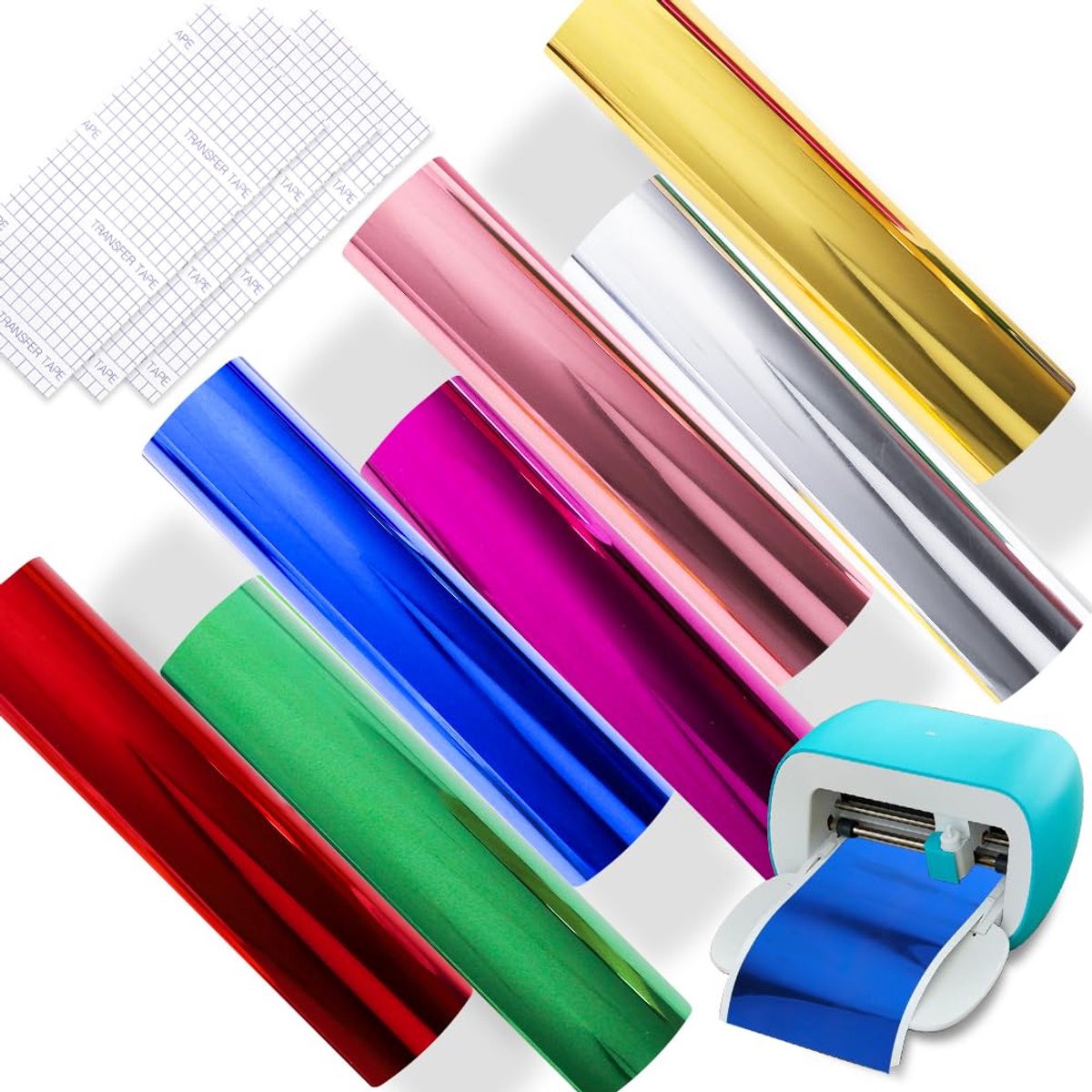 Vinyl Permanent voor Cricut Joy, 7 stuks Smart, metallic vinyl, met spiegeleffect, met 3 stuks transferfilms, plotterfolie, zelfklevende plotterset voor doehetzelf kopjes, auto's,