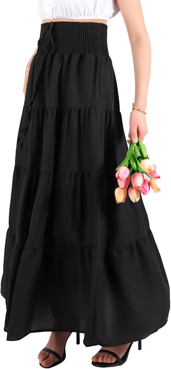 rok voor dames, zomer, chiffon, Bohemian maxirok, elastische zomerrok met hoge taille, effen strandjurk