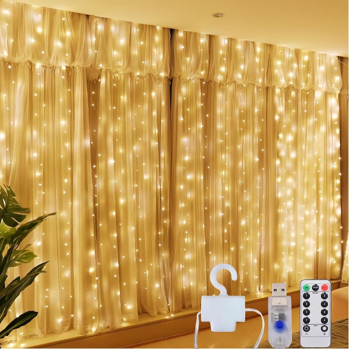 3 * 3Curtain String Lights, 300LED warm, 8 modi Fairy hanglampen met afstandsbediening en timer, USB aangesloten, waterdicht voor binnen- en buitendecoratie - slaapkamer, trouw, feest