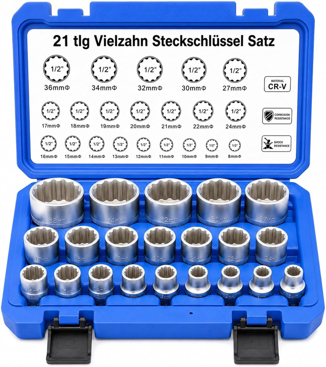 21-delige 1/2 inch veeltandmoerset - dopsleutelinzetstukken twaalfkant van CR-V