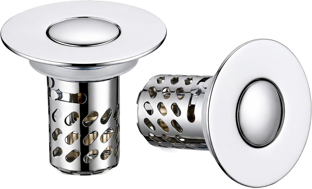 Afvoerbak met verwisselbare filtermand, 2 stuks, pop-up voor gootsteen, stopt haar, voorkomt verstopping, universeel 28-58 mm, 304 roestvrij staal en messing