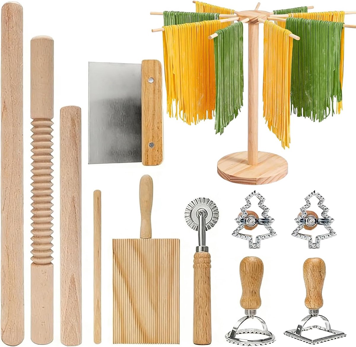 Handmatige pastamachine, pastaproductie gereedschapsset met pastadroogrek, pastamper, gnocchi-plank, ravioli-stempel, uitstekers, deegsnijder, pasta productieset