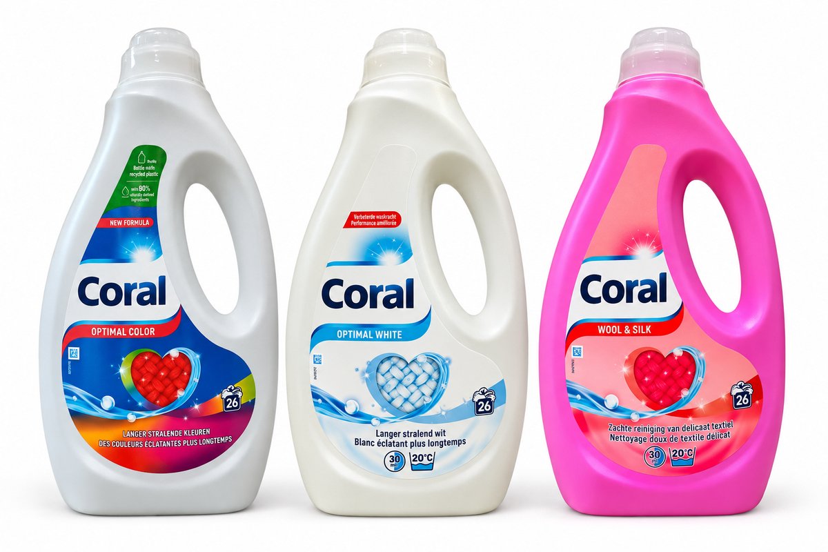 Coral - Voordeelverpakking wasmiddel - Optimal White, Optimal Color & Wool and Silk - 3 x 1,17L - 26 wasbeurten per fles