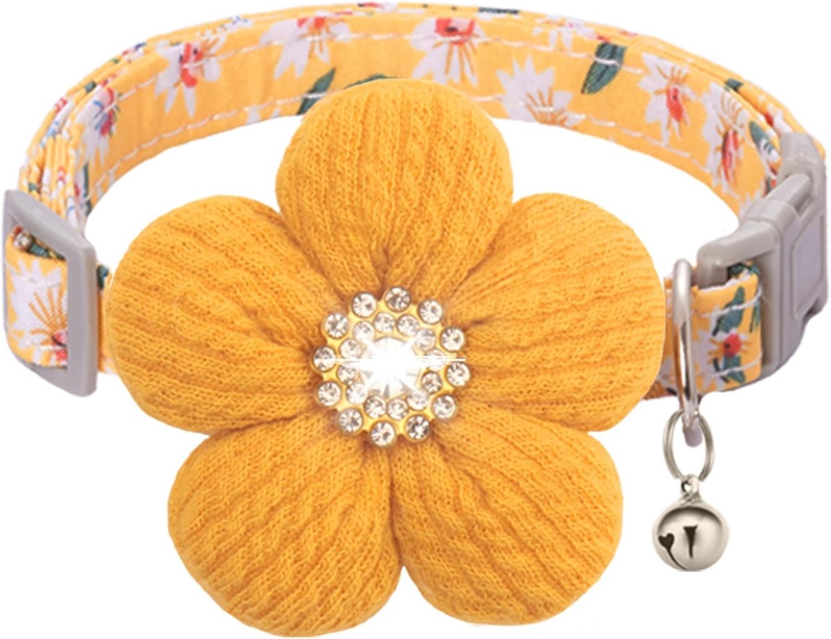 Halsbandje voor kleine honden met bloem, 1 hondenhalsbandje met bloem, kattenhalsbandje, verstelbaar schattig hondenhalsbandje met diamantbloem en belletje, voor kleine honden en ki (Geel)