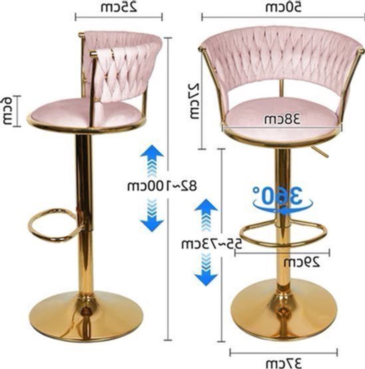 Keukenkruk – Barstoel – Kruk – Keukenstoel – Barkruk – Verstelbare Zithoogte – Fluwelen Bekleding & Geweven Rugleuning – Zwart Metalen Draaibaar Frame – Set van 2