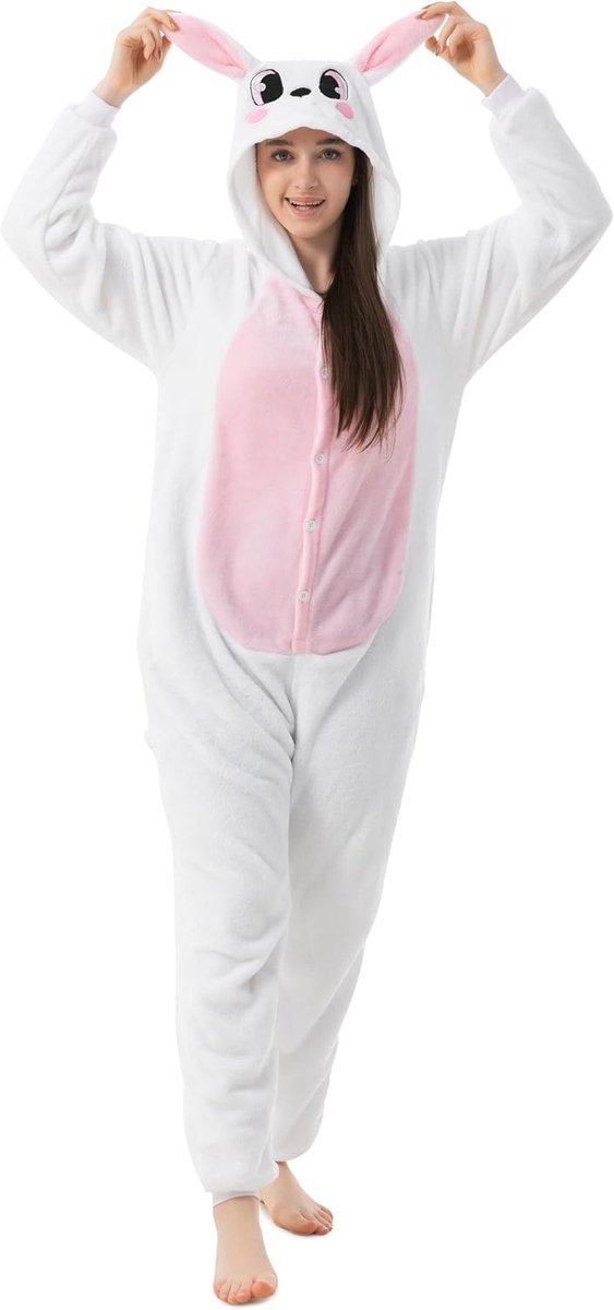 1744 Haas roze/wit kostuumpak onesie/jumpsuit eendelige body voor volwassenen dames heren als pyjama of pyjama uniseks - veel verschillende dieren
