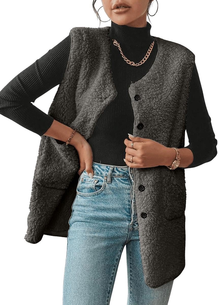 Teddy Fleece Lange Gilets Effen Body Warmer Winter Warm Gewatteerde Vest Mouwloze Vesten Tops Button Down Loose Fit Fleece Outwear Jas met Zakken