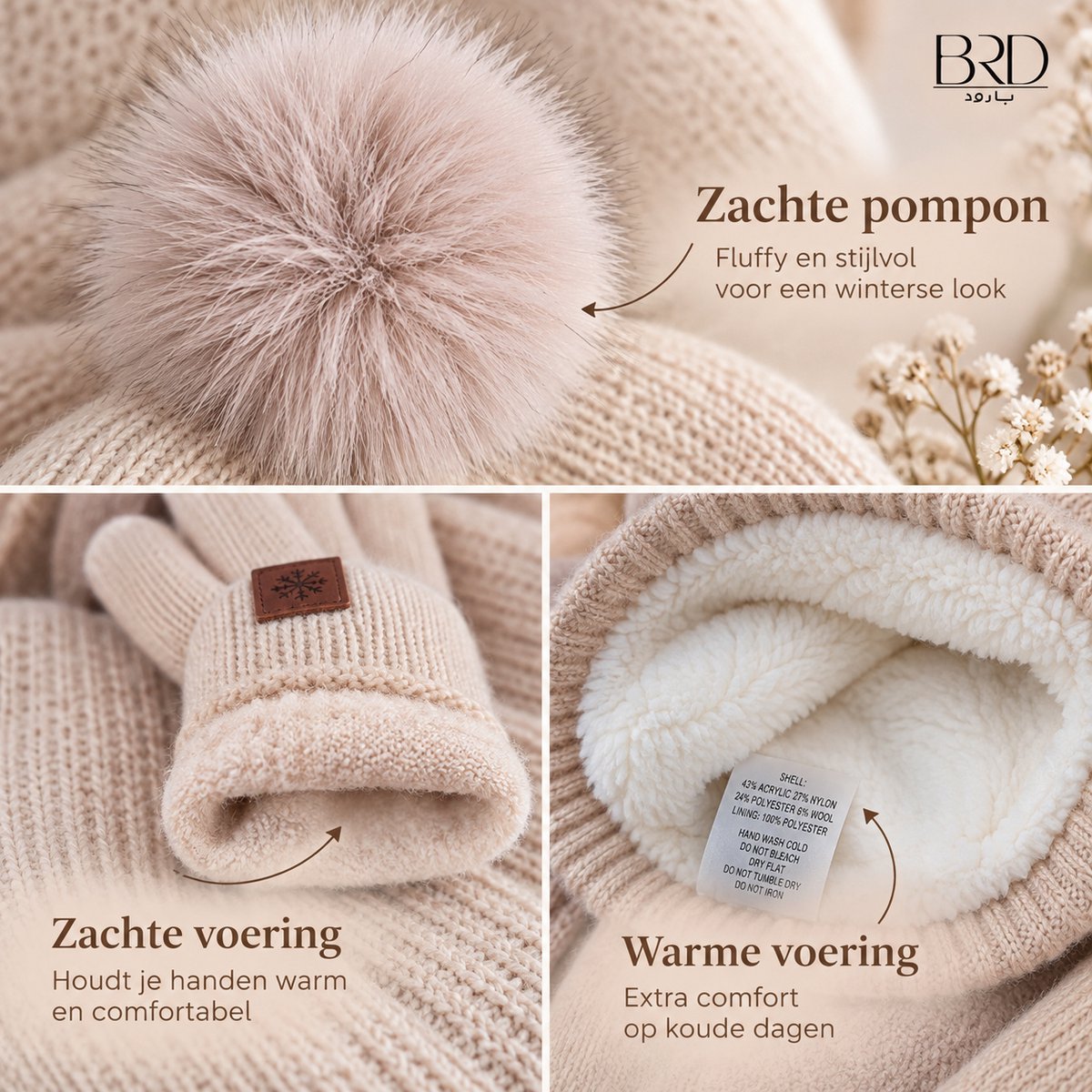 BRD® Winterset met Wol Beige - Muts met Pompon Sjaal Handschoenen - Unisex — cadeau in Mode & Accessoires - foto 5