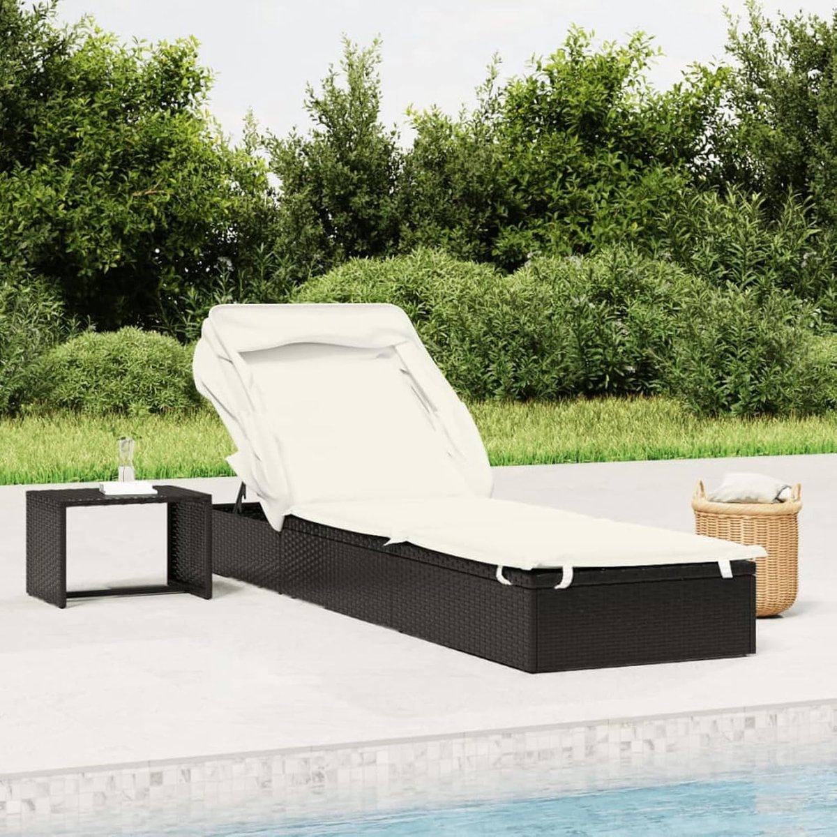 Zonneligstoel met inklapbaar dak, zwart, 213 x 63 x 97 cm, polyrotan, professionele ligstoel, zonneligstoel voor buiten, tuinligstoel, ligstoel, P319638