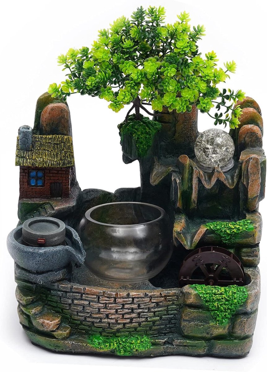 Tafelfontein, ornament met verlichting, desktop, fontein, tuinfontein, verstuiver, tafel, indoor fontein met verlichting, led, waterspel, tafelfontein, waterwand, watervalfontein