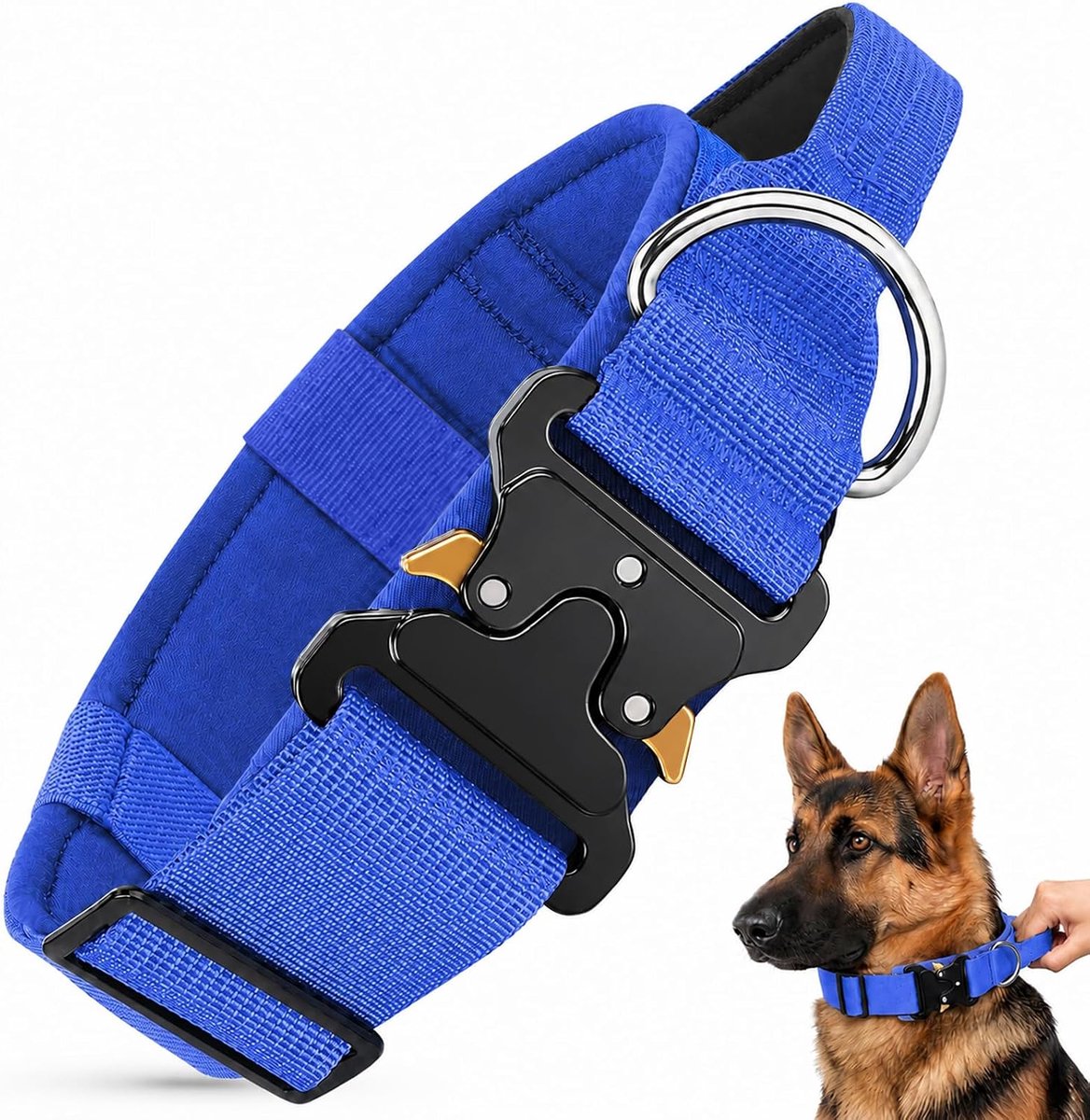 Hondenhalsband met handvat en snelsluiting, metalen gesp, zwaar belastbare, dikke brede halsband, militair, verstelbaar, gewatteerde halsband, voor middelgrote en grote honden (marineblauw