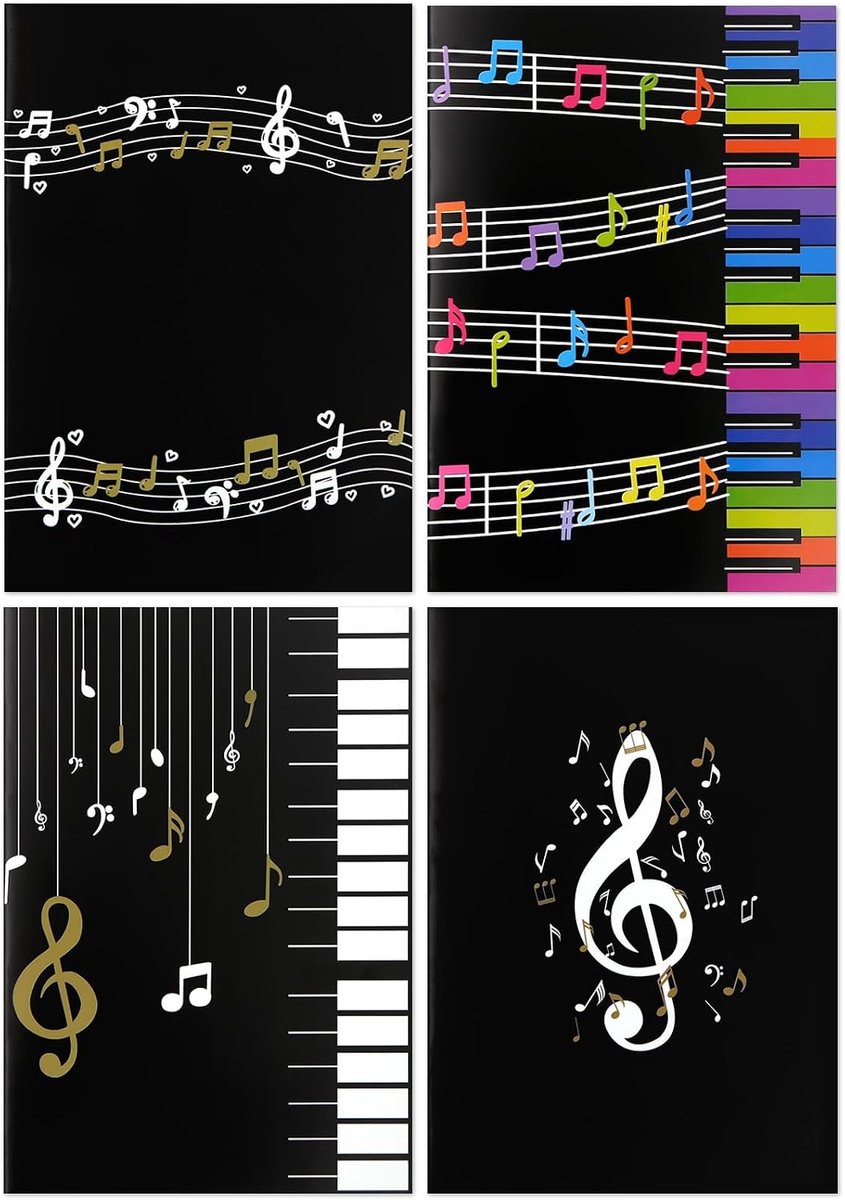 Notitieboeken, A5, noten en pianodesign, 4 gelinieerde schriften voor studenten, songwriting, dagboek, planner, cadeau voor muziekliefhebbers
