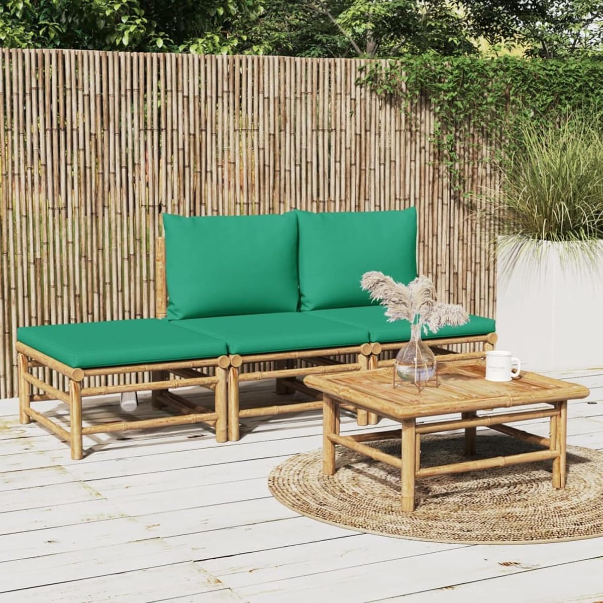 Tuinmeubelen voor buiten, 4-delig, tuinbank, stoel, tafel voor buiten, terras, bamboe en kussens, 2 x middendeel + voetensteun + groene tafel