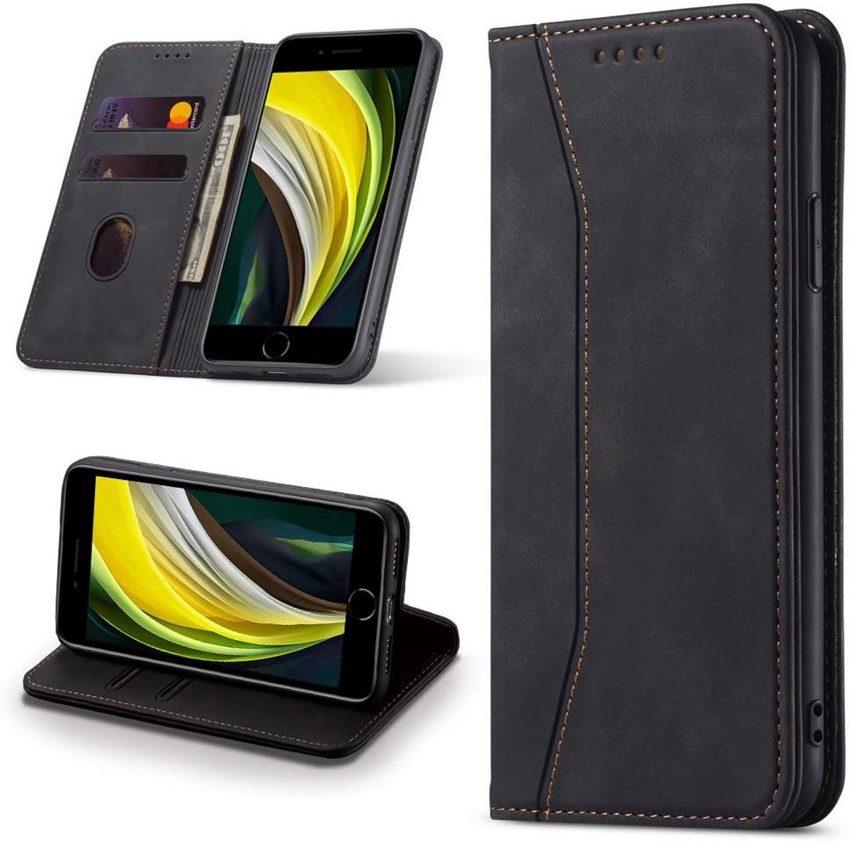 Hoesje voor iPhone SE 2022/iPhone SE 2020/iPhone 8/iPhone 7, [Premium PU-leerhoes] [klapdeksel] [kaarthouder] magnetische leer portefeuille Hoes Flip Case Telefoonhoesje - zwart