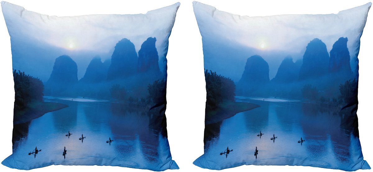 ABAKUHAUS Blauw Sierkussenhoes Set van 2, Sonnenaufgang-Bambusfloß China, Modern Accent Dubbelzijdige Digitale Print, 45x45, Royal Blauw Aqua