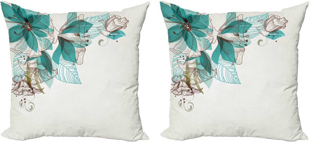 ABAKUHAUS Retro Sierkussenhoes Set van 2, Bloemen-Knospen Blad, Modern Accent Dubbelzijdige Digitale Print, 50x50, Teal Lichtgroen