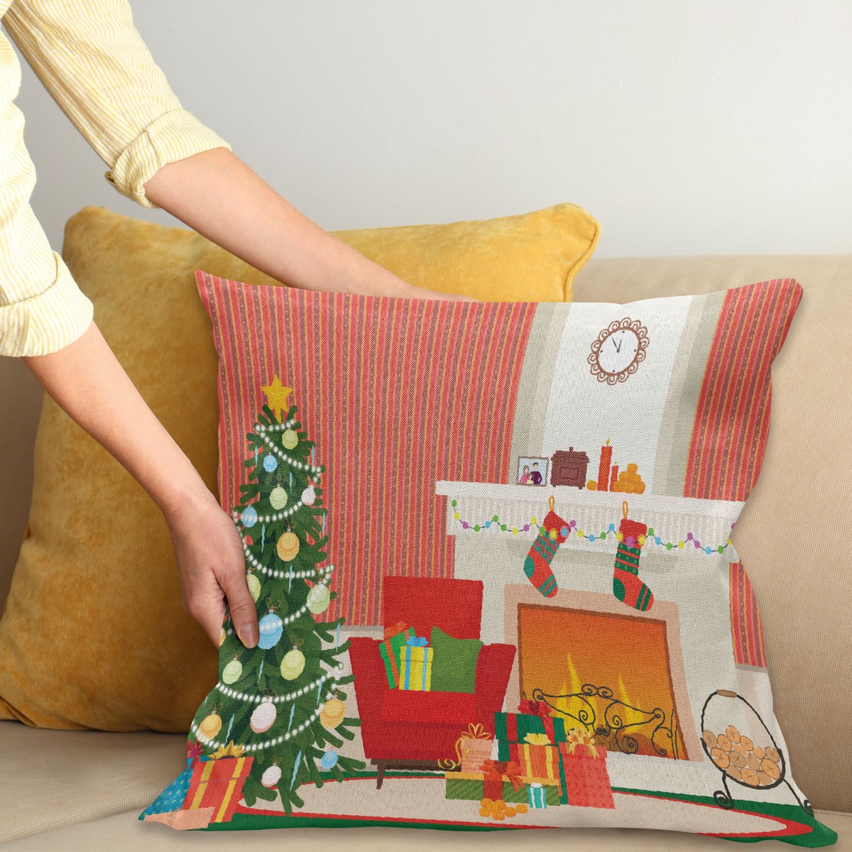 ABAKUHAUS Kamin Kussenhoes, Kerstmis Wesentliche Zimmer, Water- en Vuilafstotende Stof met Digitale Print voor Binnen en Buiten, 45 x 45 cm, Meerkleurig