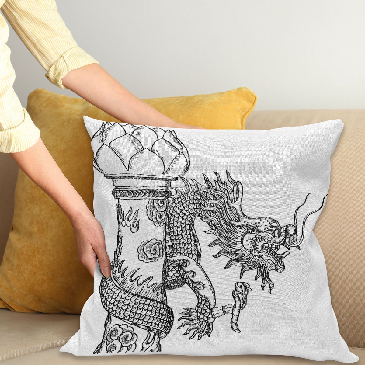 ABAKUHAUS Drachen Kussenhoes, Chinese Creature, Kussenhoes zonder Binnenkussen, met Ritssluiting, Dubbelzijdige Print, Wasbaar, 50 x 50 cm, Wit Zwart