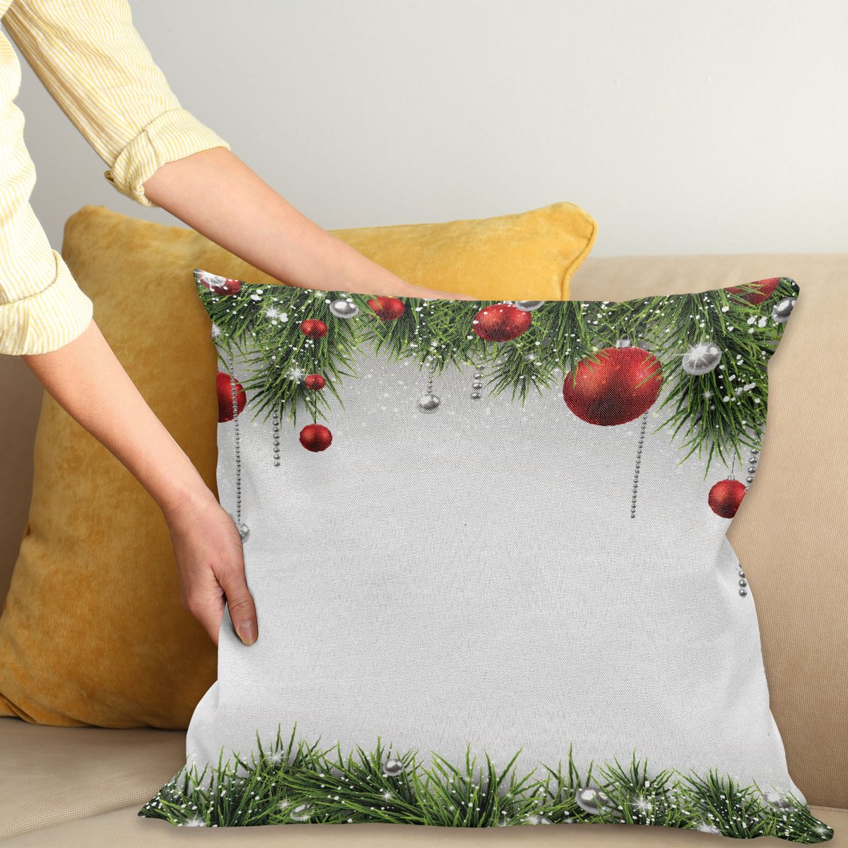 ABAKUHAUS Kerstmis Kussenhoes, Boom Balls Ornamenten, Wasbare Kussenhoes met Ritssluiting, Kleurechte Heldere Kleuren en Dubbelzijdige Print, 40 x 40 cm, Groen Rood