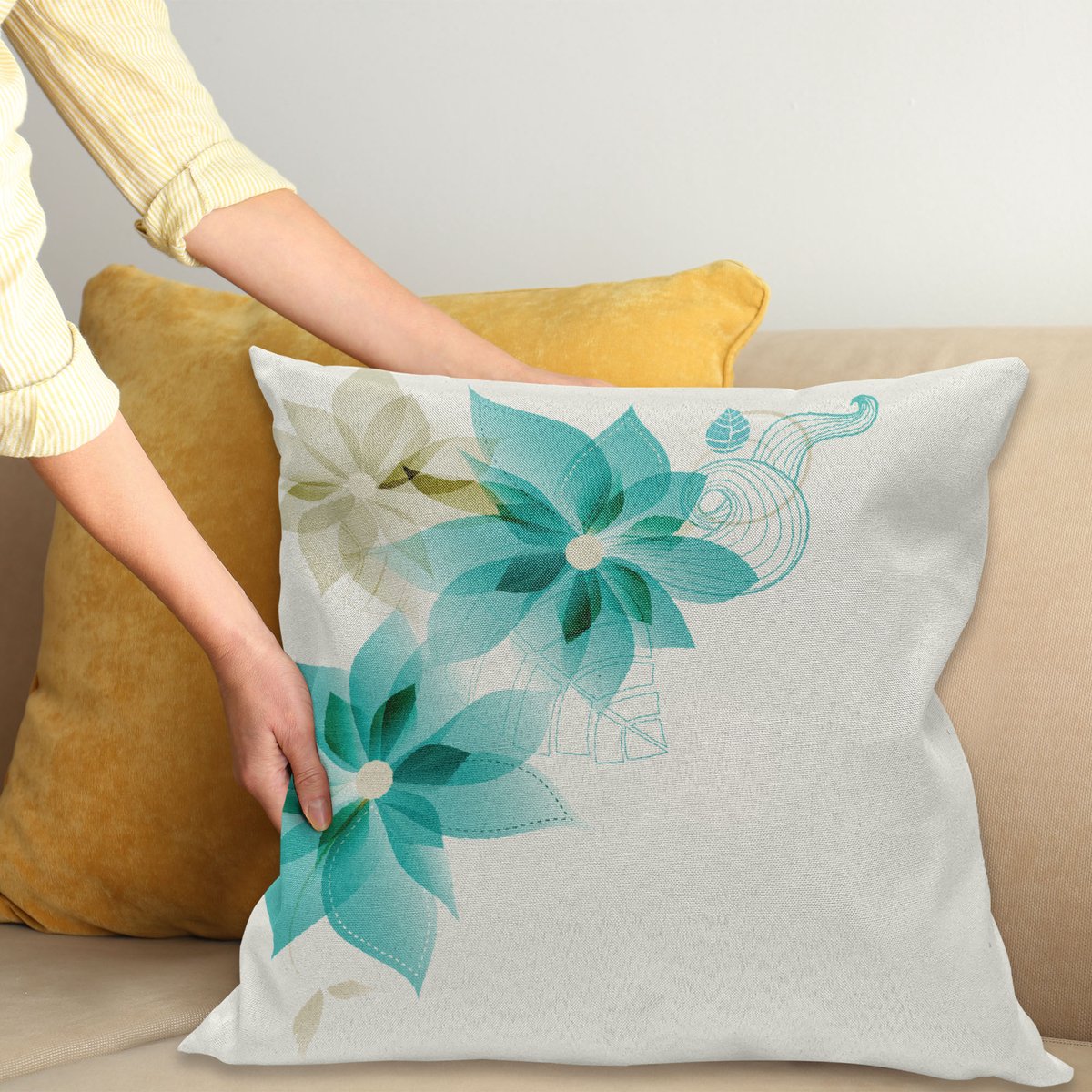 ABAKUHAUS Teal Kussenhoes, Vintage florale Elemente, Digitale Print, Waterbestendig, Kleurecht, Wasbare Kussenhoes met Ritssluiting, 50 x 50 cm, Turquoise Beige