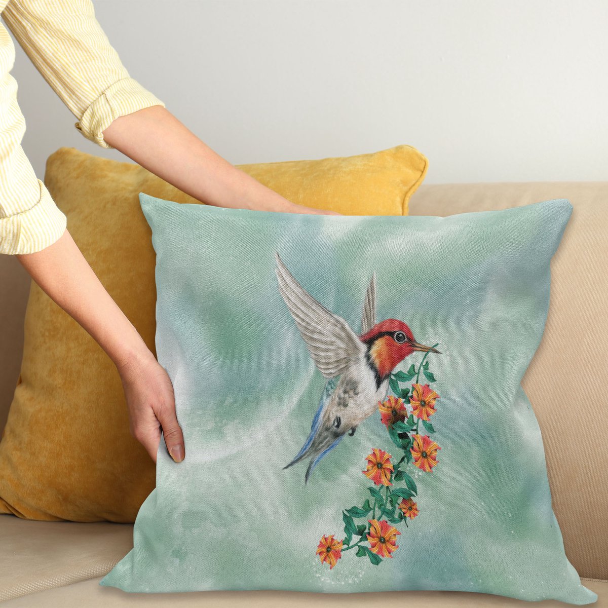 ABAKUHAUS Dier Kussenhoes, Vogel met Bloem Ast, Decoratieve Kussenhoes met Dubbelzijdige Print, Ritssluiting, Wasbaar, 50 x 50 cm, Oranje Groen