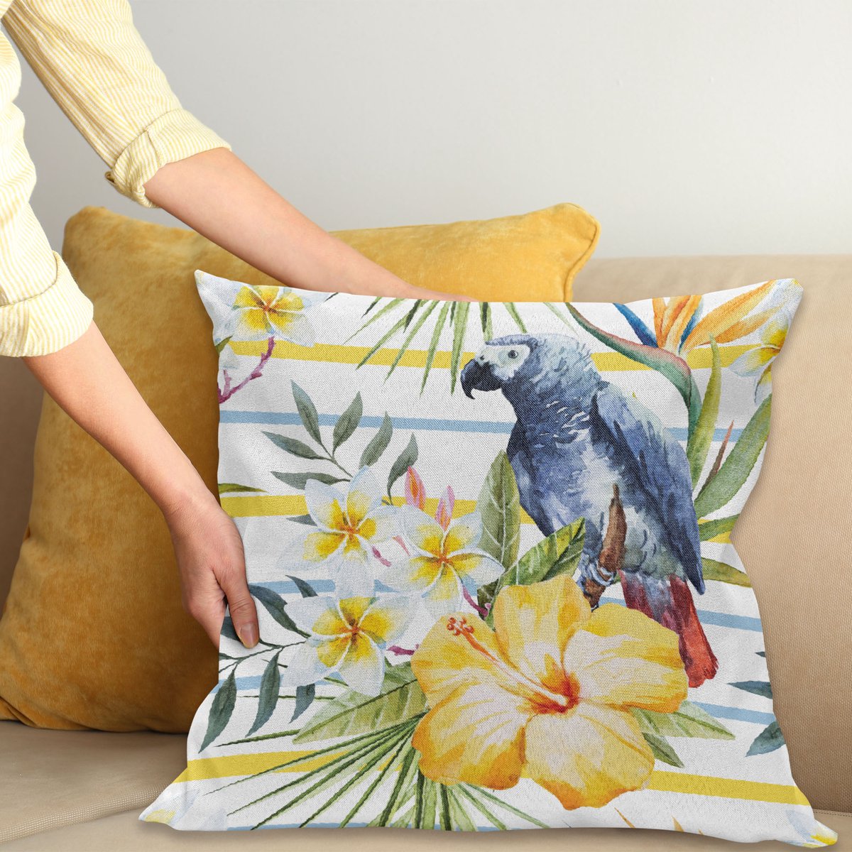 ABAKUHAUS Kleurrijk Kussenhoes, Tropic Exotisch Papageien, Digitale Print, Waterbestendig, Kleurecht, Wasbare Kussenhoes met Ritssluiting, 50 x 50 cm, Meerkleurig