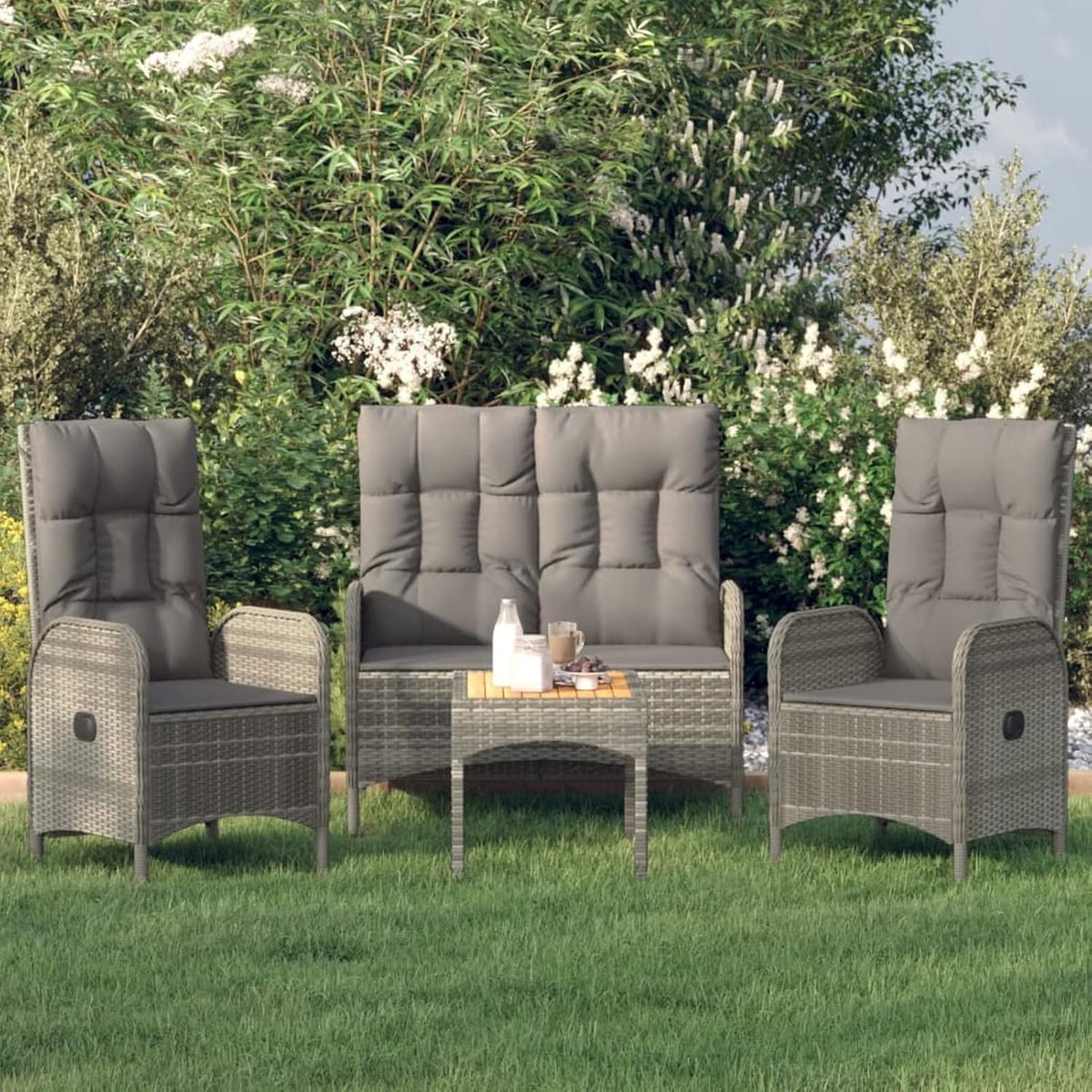 4-delige tuin-eetgroep met kussen tuinset balkonmeubels set tuinmeubelen set tuinmeubelen set rotan meubels tuinset zitgroep balkongarnituur eettafel 1 tuinbank & 2 tuinstoelen grijs polyrotan