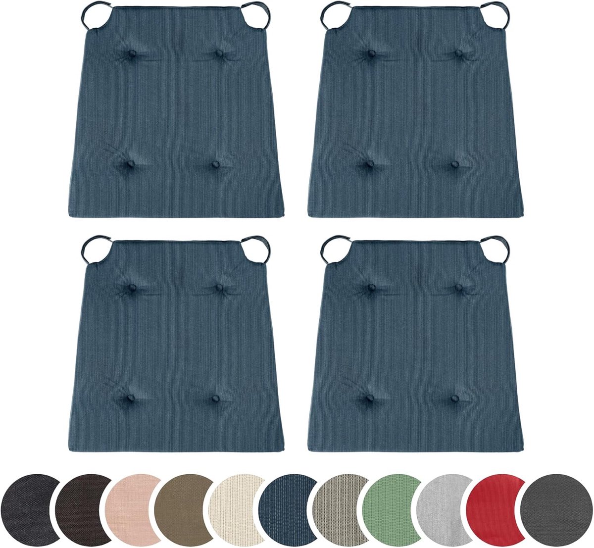 Sleepling 194582 Set van 4 stoelkussens, zitkussens voor binnen en buiten, met klittenbandsluiting, 100% katoen, made in EU, afmetingen: 42 (voor) 35 (achter) x 40 x 5 cm, donkerblauw