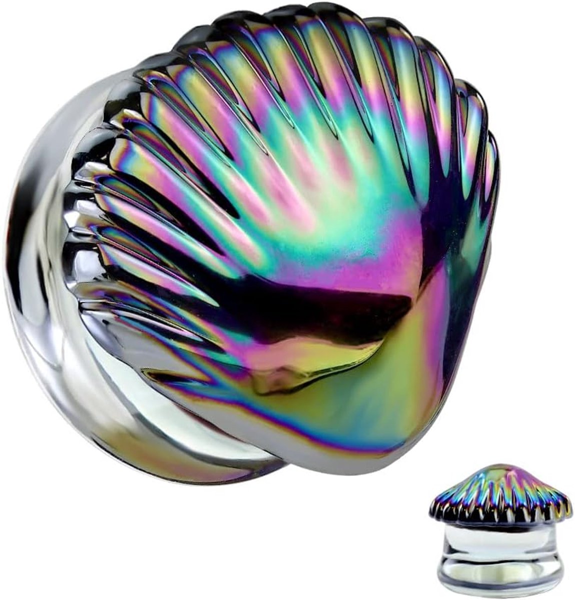 Schelp regenboog veranderend glas oorpiercing oorsieraad tunnel double flare zadelsluiting 6-25 mm, 10 mm, Glas