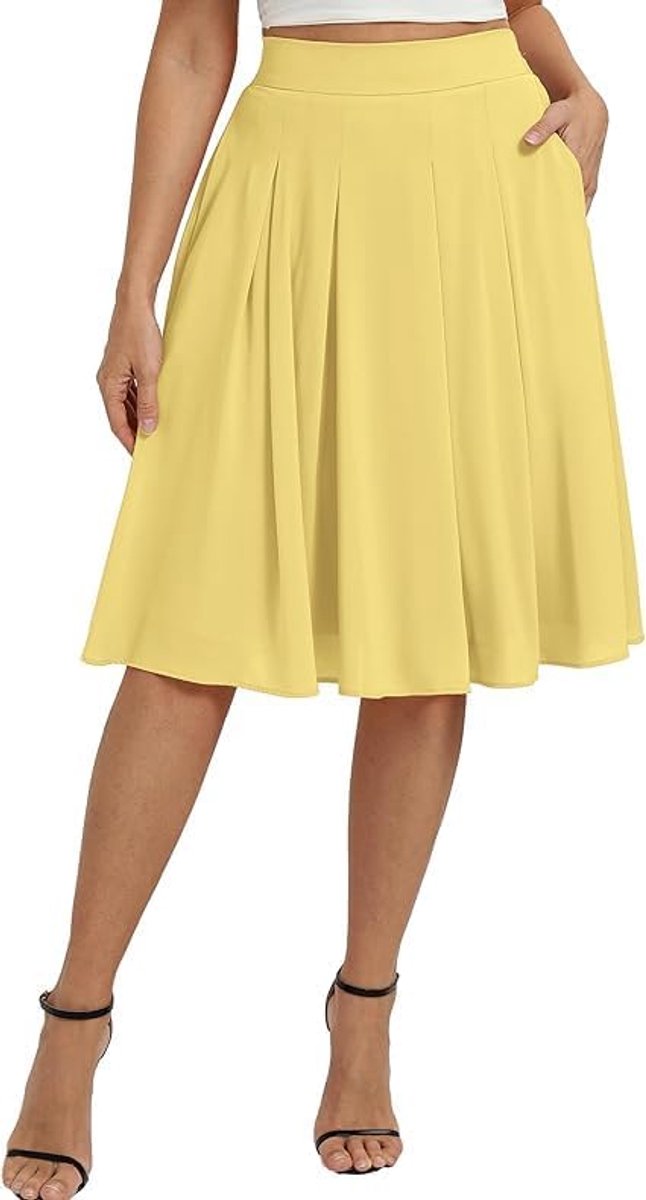 Poque Elegante basic geplooide midirok voor dames met hoge taille, skaterrok met zakken