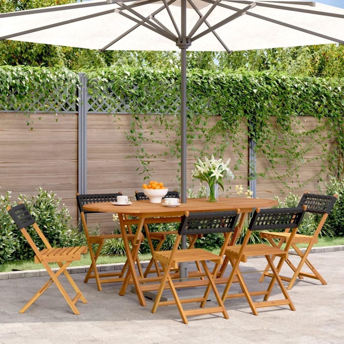 Inklapbare tuinstoelen, 6 stuks, zwart, polyrotan en massief hout, fauteuil, stoelen voor buiten, eetkamerstoelen voor buiten, terrasstoelen, P3214593