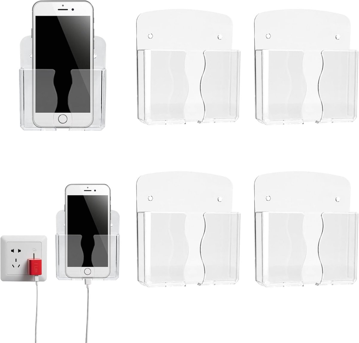 4 x wandhouder voor mobiele telefoon, wandhouder, afstandsbedieninghouder, oplaadhouder, datakabelhouder, wandhouder voor mobiele telefoon met gat