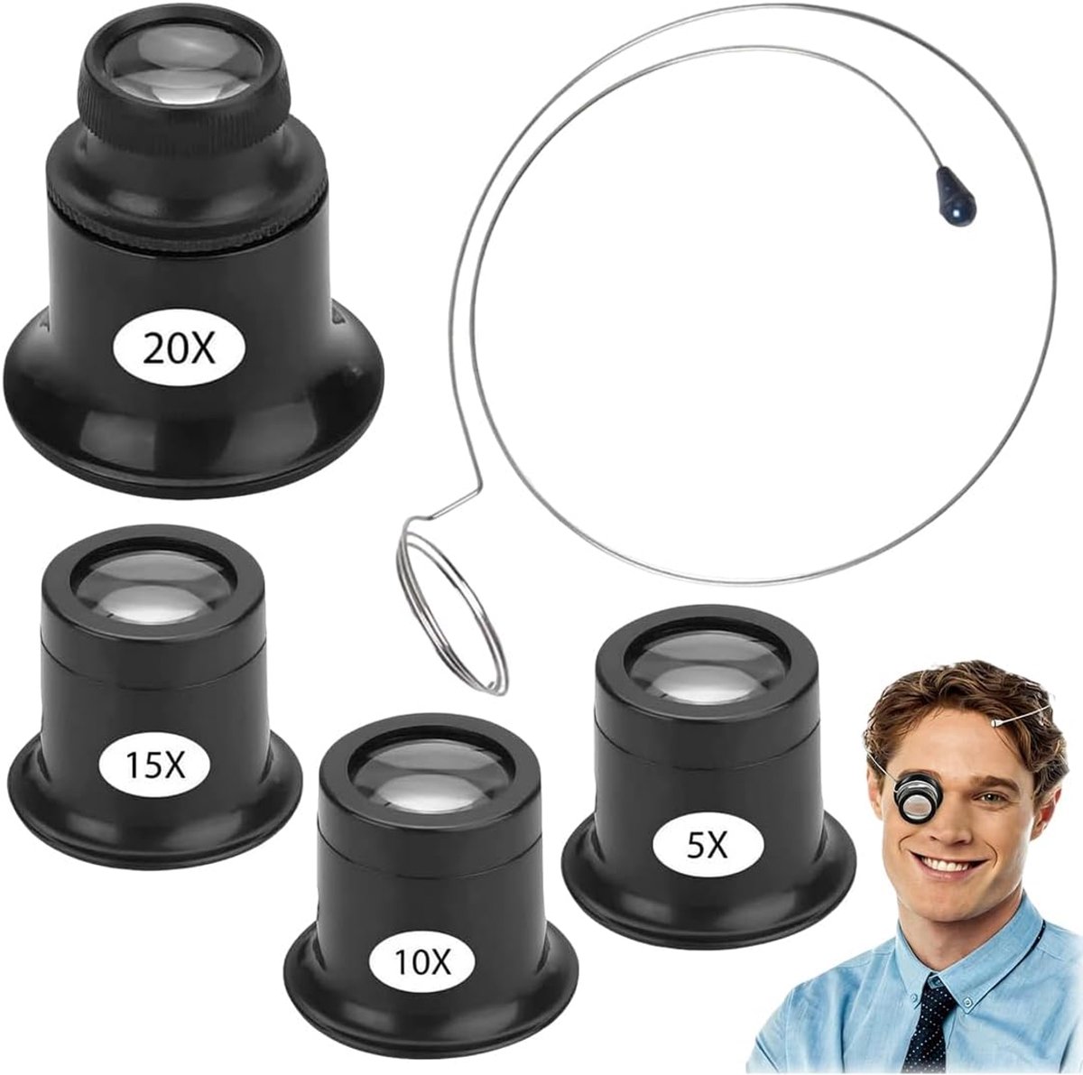 Set van 4 Loepen voor Horlogemakers en Juweliers, 5x 10x 15x 20x, draagbare loep met stalen ring, geschikt voor horloges, sieraden, munten, elektronica, compleet set