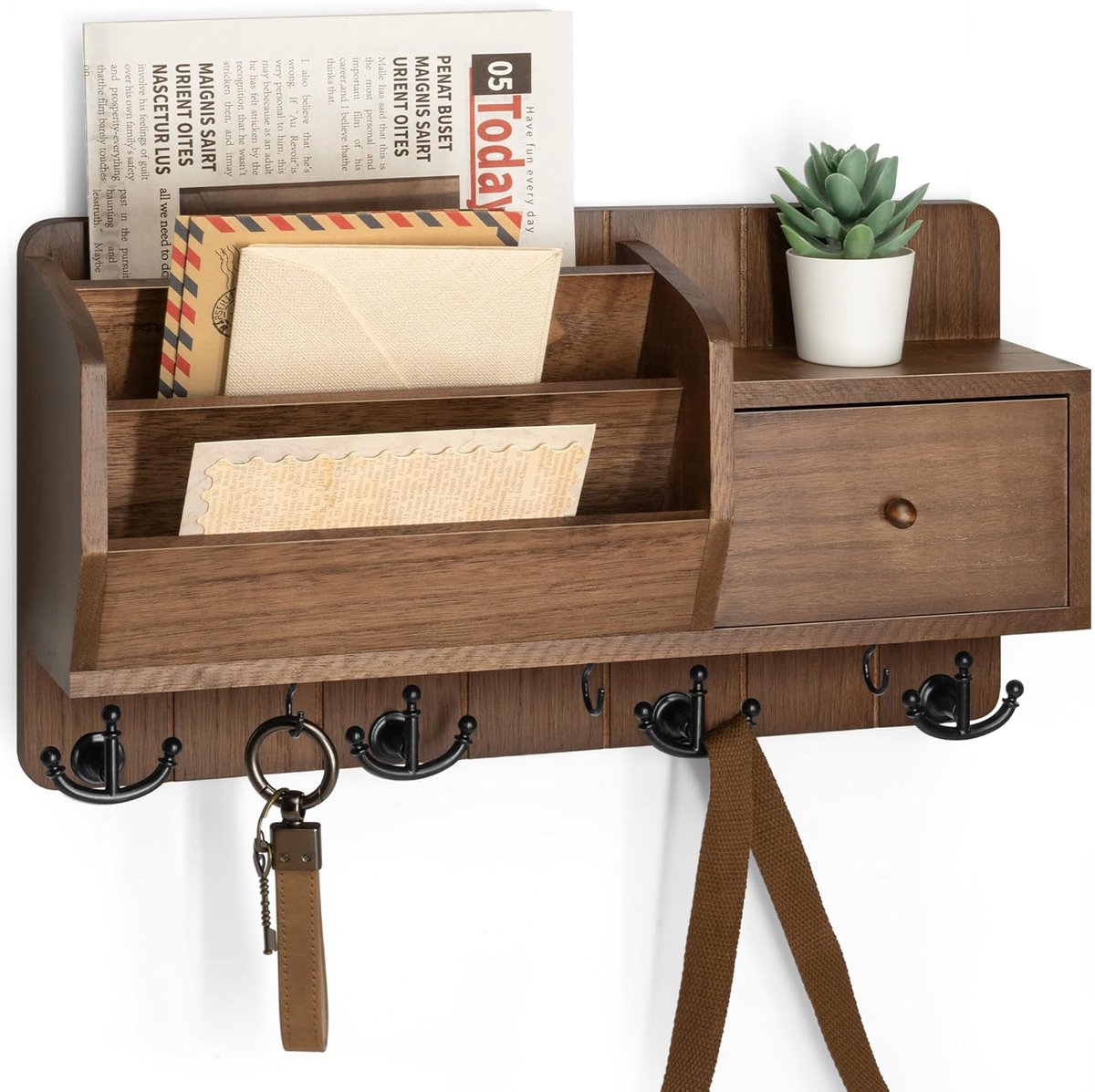 Vision Sleutel en brievenhouder wandhouder - Mail Organizer Wandhouder met Opberghaken en Lade voor Moderne Boerderij Decor - Mail Organizer Wandmontage voor Rustieke Appartement Essentials