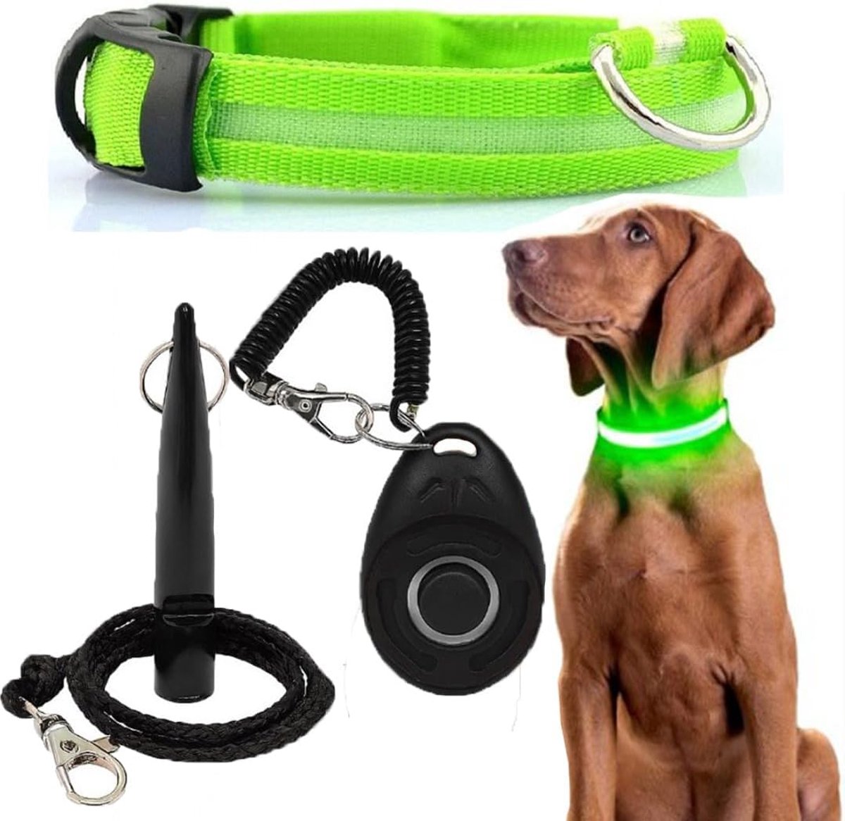 Led-lichthalsband voor honden, hondenfluitje, verstelbare maat, 3 lichtmodi, hoge zichtbaarheid tot 500 m, nachtveiligheid voor kleine tot grote honden (groen)
